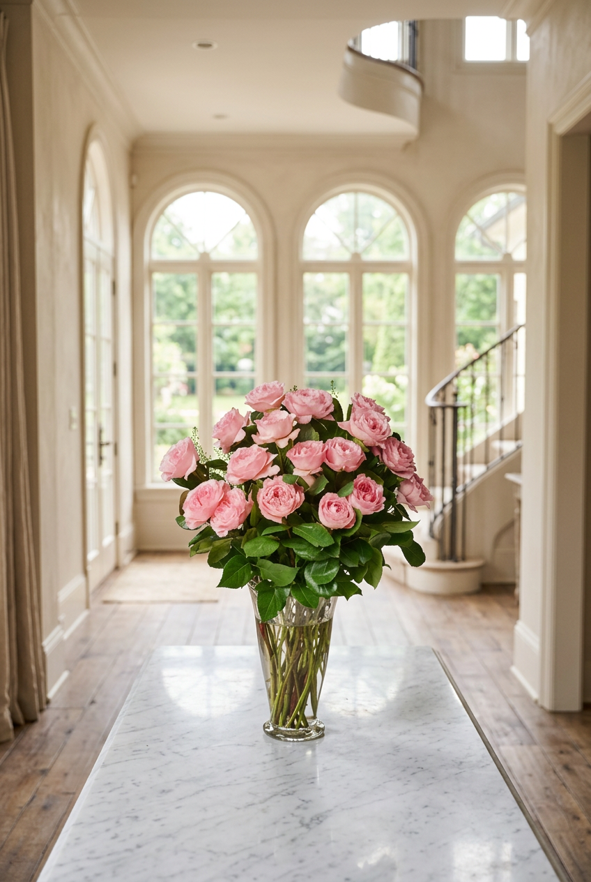Say Something Sweet Bouquet, pink roses in a glass vase on a marble table - Garrett Florist